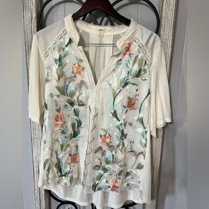 Anthropologie embroidered tee. “Tiny” brand, size L, cream.